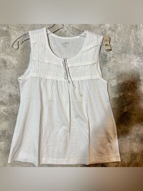 LOFT White Smocked Sleeveless Tie-Front Tank (love 23)
